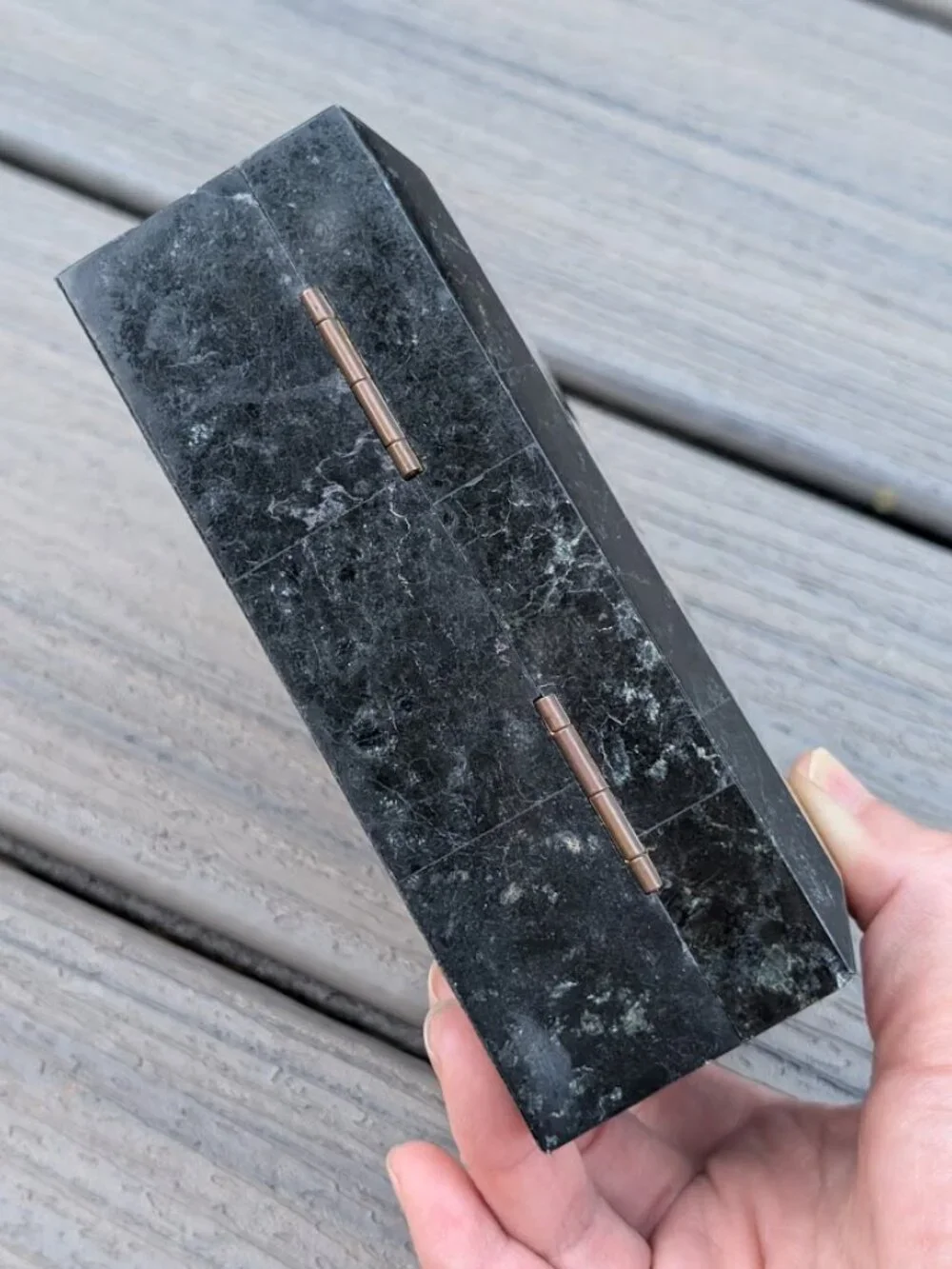 Vintage Dark Green Onyx Marble Hinged Jewelry Trinket Box Velvet Lined